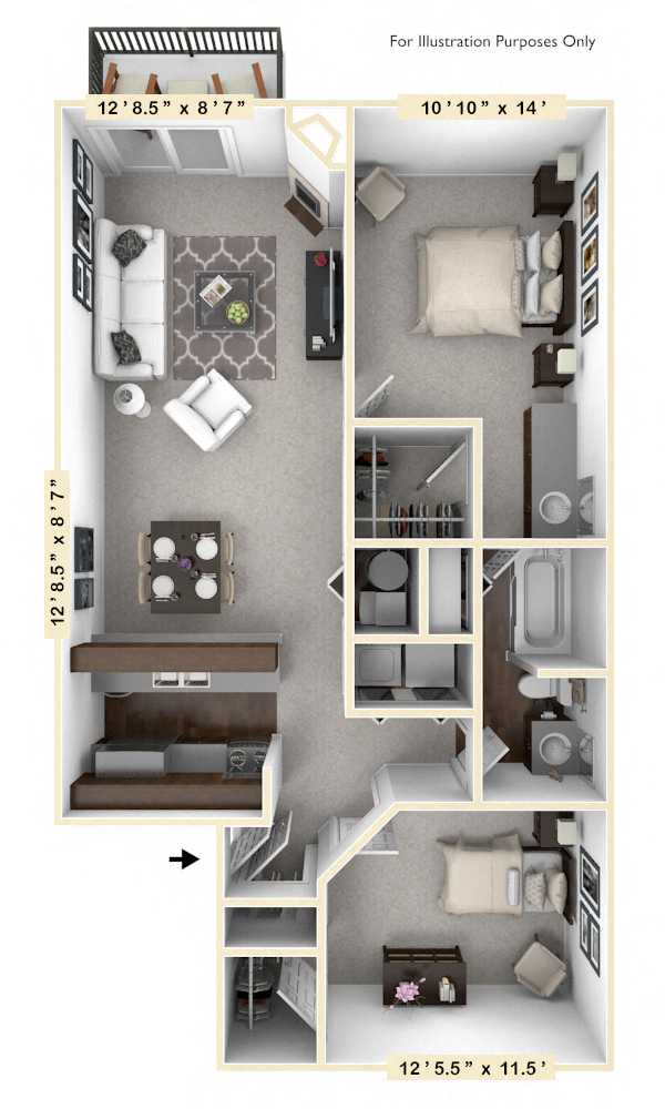 Floor plan for 2 beds, 1 bath, 974 sqft